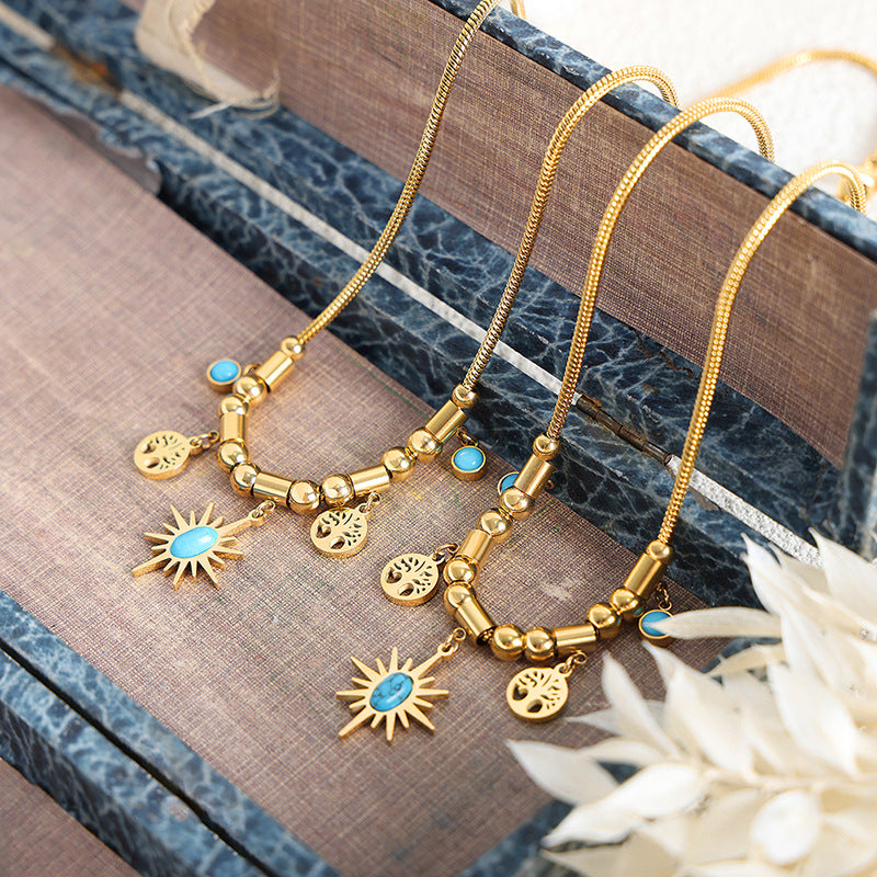 Tree of Life and Sun with Turquoise Necklace Bracelet Set