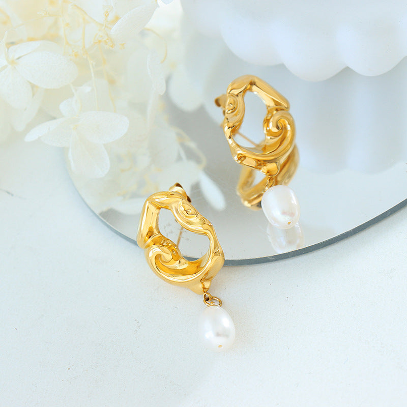 18K Gold Geometric Pearl Drop Earrings