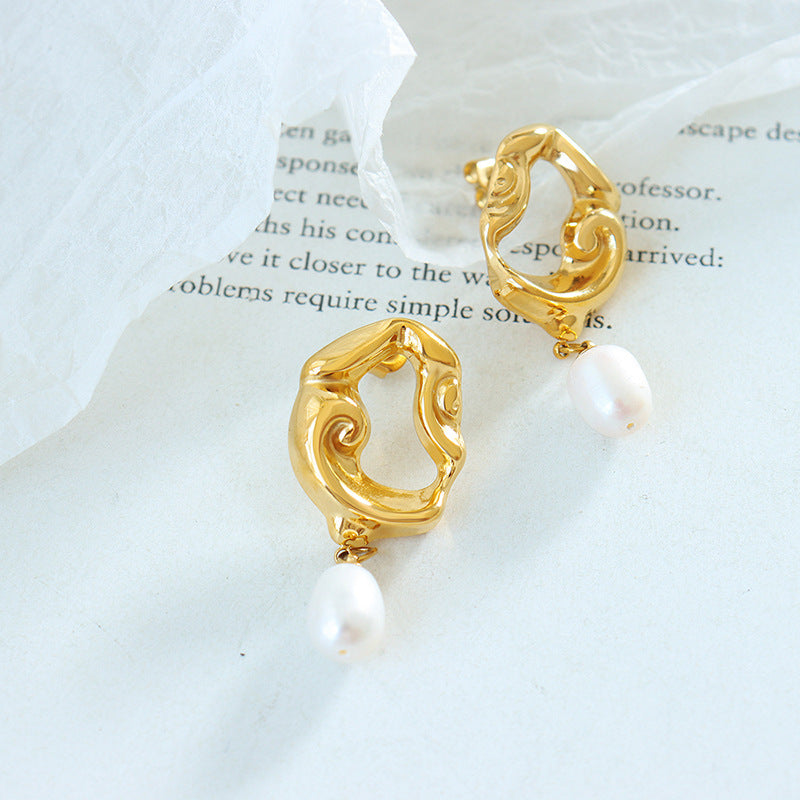 18K Gold Geometric Pearl Drop Earrings