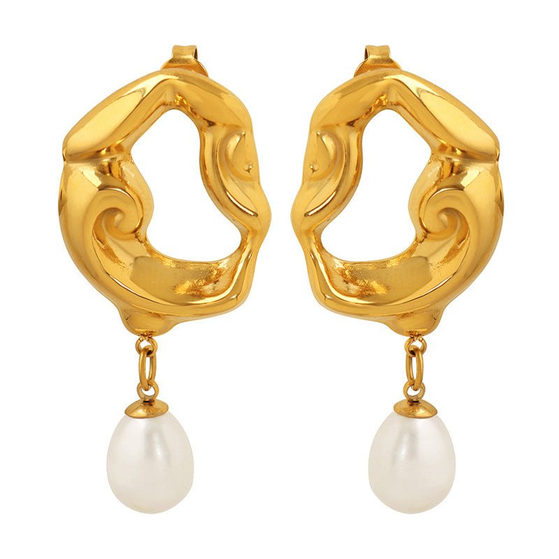 18K Gold Geometric Pearl Drop Earrings